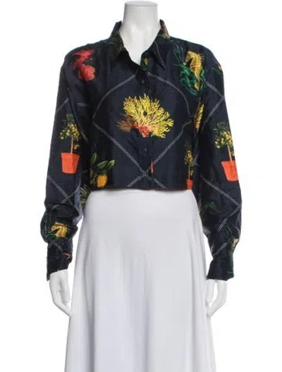 Pre-owned Coniglio Palm Beach Silk Floral Print Button-up Top In Blue