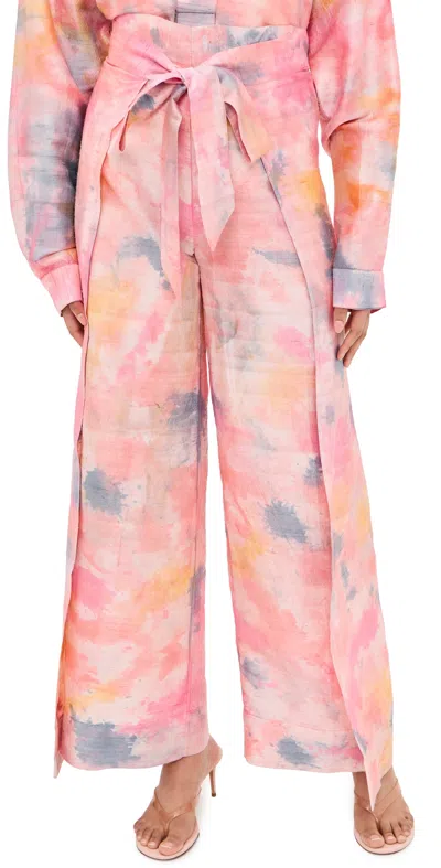 Coniglio Palm Beach Two Panel Wrap Silk Pants Tropical Storm Hand Dye In Pink