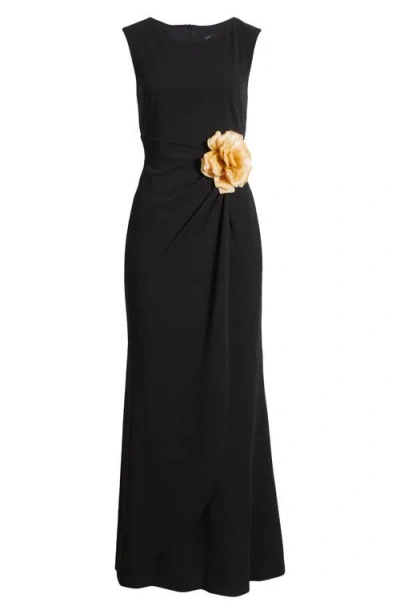 Connected Apparel 3d Flower Scuba Crepe Gown In Black Gold | ModeSens