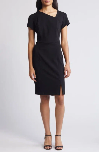 Connected Apparel Asymmetric Neck Scuba Sheath Dress In Black