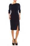 Connected Apparel Asymmetrical Neck Sheath Dress In Navy In Blue