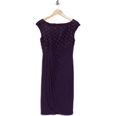 Connected Apparel Bateau Neck Faux Wrap Dress In Aubergine