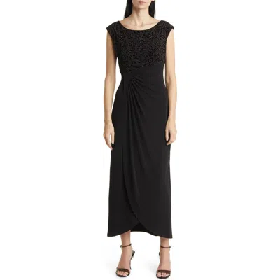 Connected Apparel Beaded Bodice Cap Sleeve Faux Wrap Cocktail Dress In Black