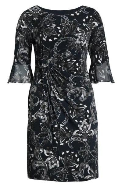 Connected Apparel Bell Sleeve Faux Wrap Dress In Black