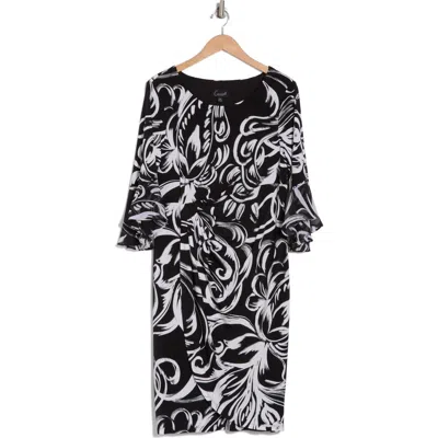 Connected Apparel Bell Sleeve Faux Wrap Dress In Black