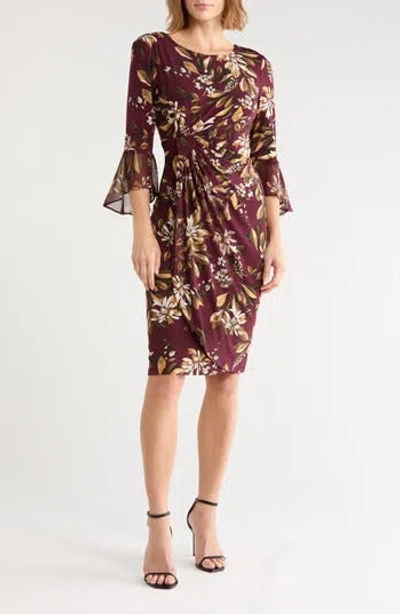 Connected Apparel Bell Sleeve Gathered Midi Dress In Cabernet