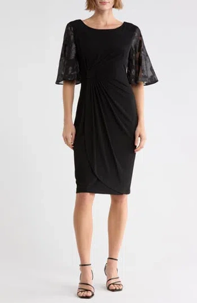 Connected Apparel Burnout Sleeve Faux Wrap Dress In Black