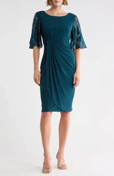 Connected Apparel Burnout Sleeve Faux Wrap Dress In Blue