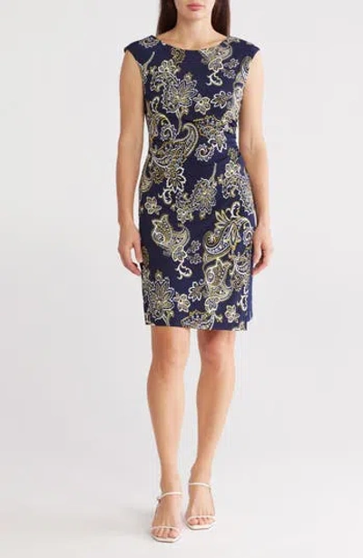 Connected Apparel Cap Sleeve Faux Wrap Dress In Navy