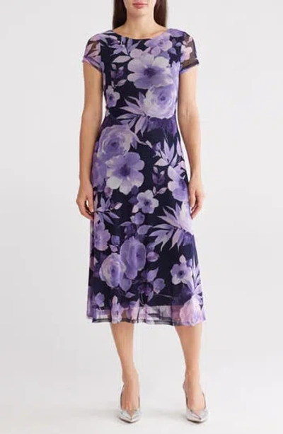 Connected Apparel Cap Sleeve Mesh Midi Dress In Navy/lavender