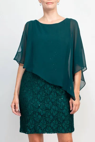 Connected Apparel Cape Chiffon Sleeve Floral Lace Dress In Hunter In Green