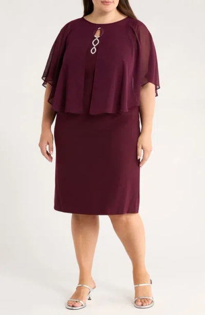 Connected Apparel Cape Midi Dress In Burgundy