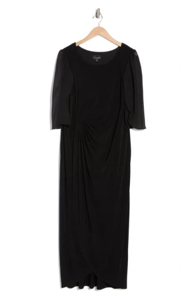 Connected Apparel Cape Sleeve Faux Wrap Dress In Black