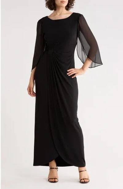 Connected Apparel Cape Sleeve Faux Wrap Gown In Black