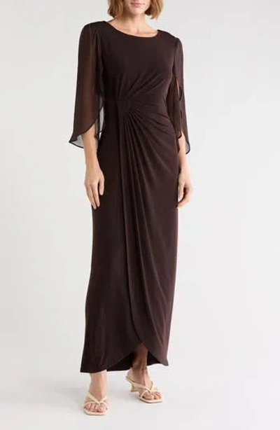 Connected Apparel Cape Sleeve Faux Wrap Gown In Brown