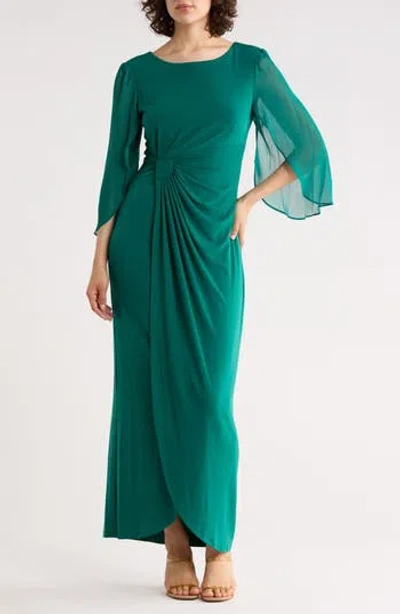 Connected Apparel Cape Sleeve Faux Wrap Gown In Green