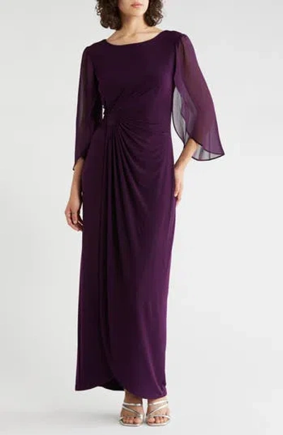 Connected Apparel Cape Sleeve Faux Wrap Gown In Purple