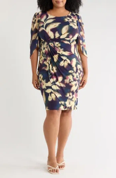 Connected Apparel Cape Sleeve Mock Wrap Dress In Navy