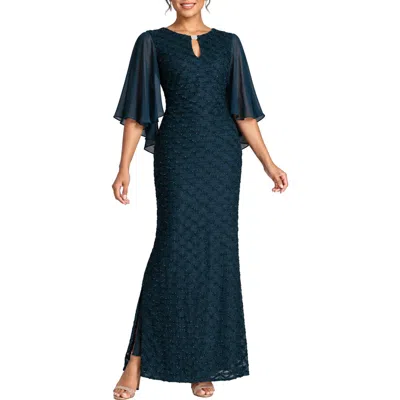 Connected Apparel Cape Sleeve Rhinestone Gown In Blue