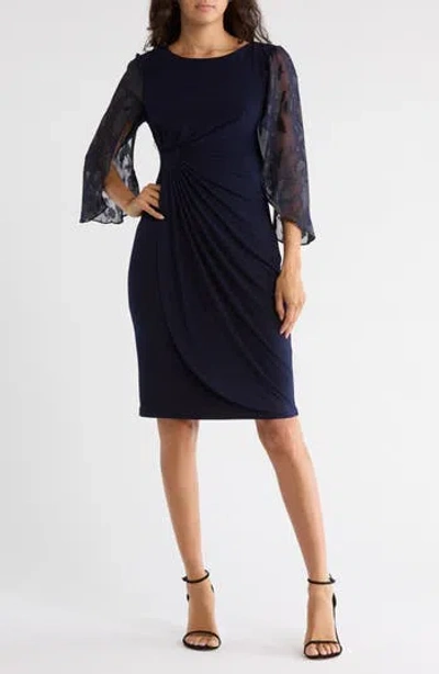 Connected Apparel Cape Sleeve Wrap Style Dress In Blue