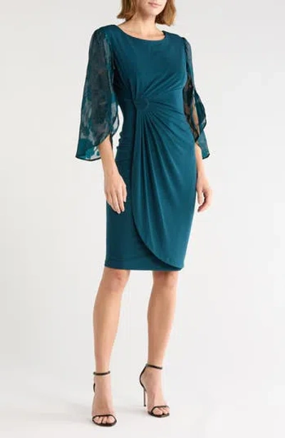 Connected Apparel Cape Sleeve Wrap Style Dress In Blue