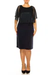 Connected Apparel Capelet Sleeve Evening Dress In Navy In Blue