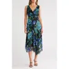 Connected Apparel Chiffon Asymmetric Midi Dress In Blue