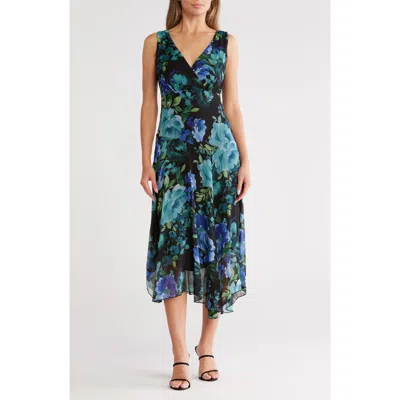 Connected Apparel Chiffon Asymmetric Midi Dress In Blue