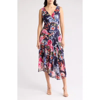 Connected Apparel Chiffon Asymmetric Midi Dress In Navy