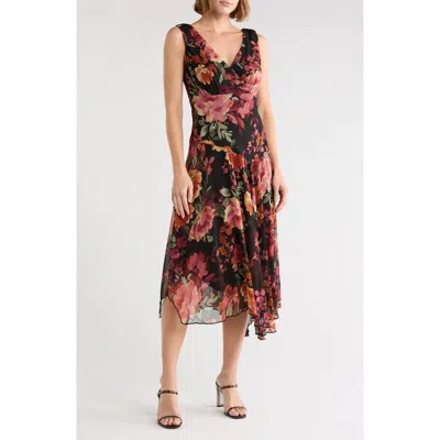 Connected Apparel Chiffon Asymmetric Midi Dress In Brown