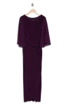Connected Apparel Chiffon Cape Sleeve Side Ruched Gown In Aubergine