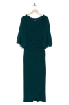 Connected Apparel Chiffon Cape Sleeve Side Ruched Gown In Hunter