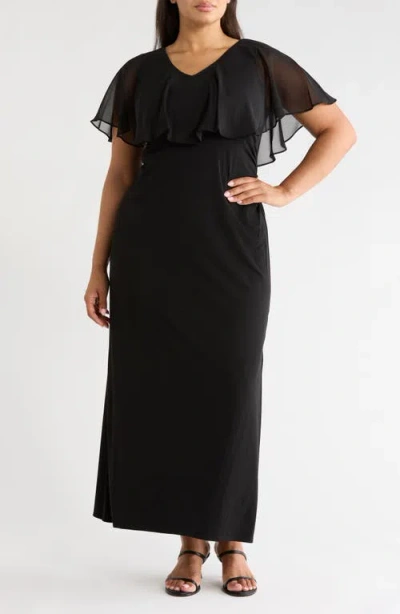 Connected Apparel Chiffon Flutter Sleeve Gown In Black