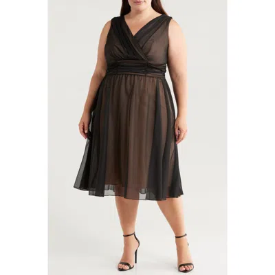 Connected Apparel Chiffon Midi Cocktail Dress In Black/gold