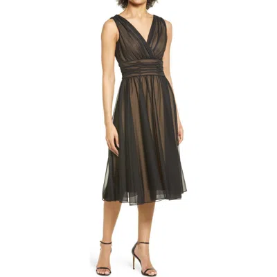 Connected Apparel Chiffon Overlay Fit & Flare Dress In Black/gold