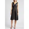 Connected Apparel Chiffon Overlay Fit & Flare Dress In Black/soft Blush