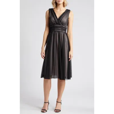 Connected Apparel Chiffon Overlay Fit & Flare Dress In Black/soft Blush