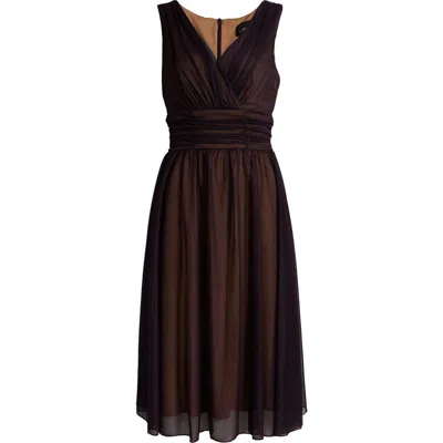 Connected Apparel Chiffon Overlay Fit & Flare Dress In Eggplant/gold