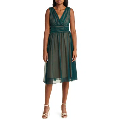 Connected Apparel Chiffon Overlay Fit & Flare Dress In Hunter/gold