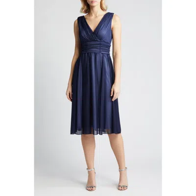 Connected Apparel Chiffon Overlay Fit & Flare Dress In Navy/slate