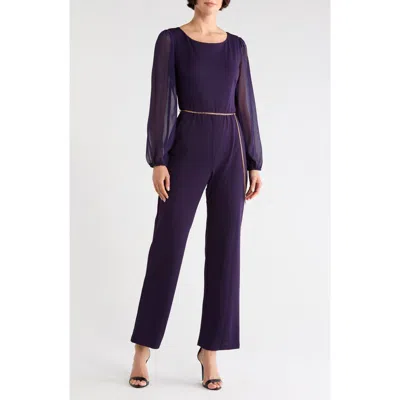 Connected Apparel Chiffon Sleeve Belted Jumpsuit In Purple