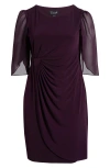 Connected Apparel Chiffon Sleeve Faux Wrap Dress In Aubergine