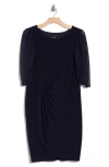Connected Apparel Chiffon Sleeve Faux Wrap Dress In Navy