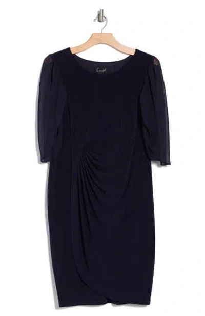 Connected Apparel Chiffon Sleeve Faux Wrap Dress In Navy