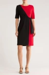Connected Apparel Colorblock Faux Wrap Dress In Multi