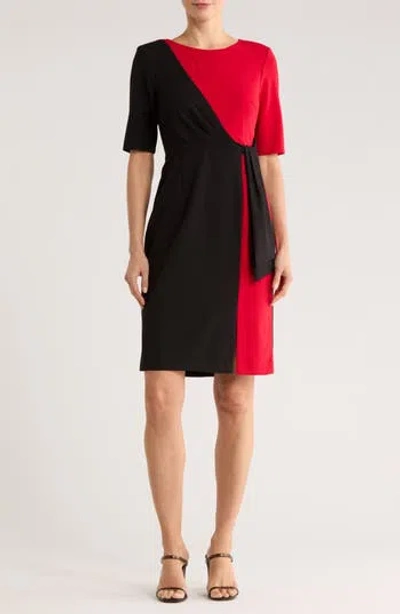 Connected Apparel Colorblock Faux Wrap Dress In Multi