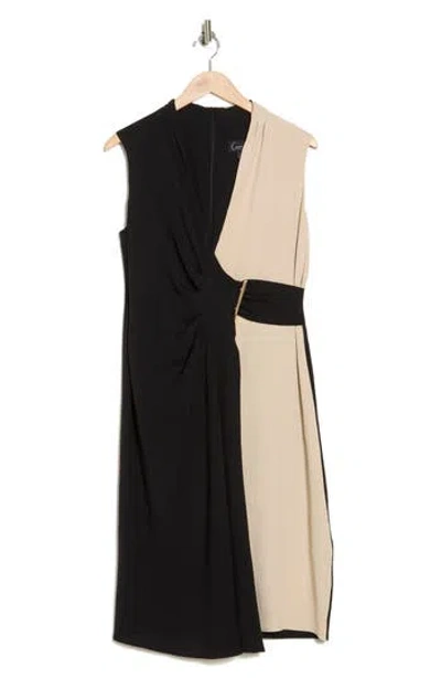 Connected Apparel Colorblock Faux Wrap Dress In Sand/black