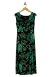 Connected Apparel Cowl Neck Floral Midi Sheath Dress In Green