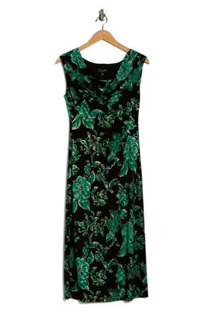 Connected Apparel Cowl Neck Floral Midi Sheath Dress In Green
