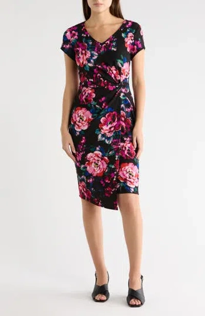 Connected Apparel Crepe Twist Waist Dress In Black